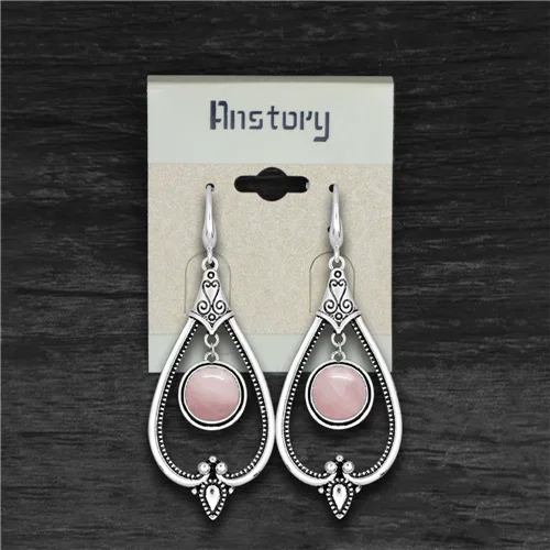 Round Pink Quartz Dangle Earrings For Women Tibetan Silver Natural Stone Lapis Lazuli Tiger Eye Fashion Pendant Earring