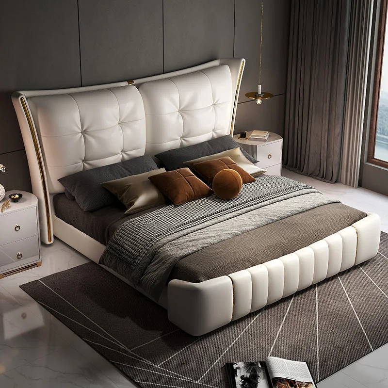 Light Luxury Leather King/Queen Bed Modern Soft Package Bed and Bedside Table for Bedroom Wedding Bed Solid Wood Bed Frame