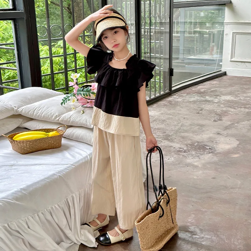 Girls Suits Summer 2024 New Style Small Flying Sleeve Color Matching Set Big Child Doll Shirt Wide Leg Trousers Casual Pants