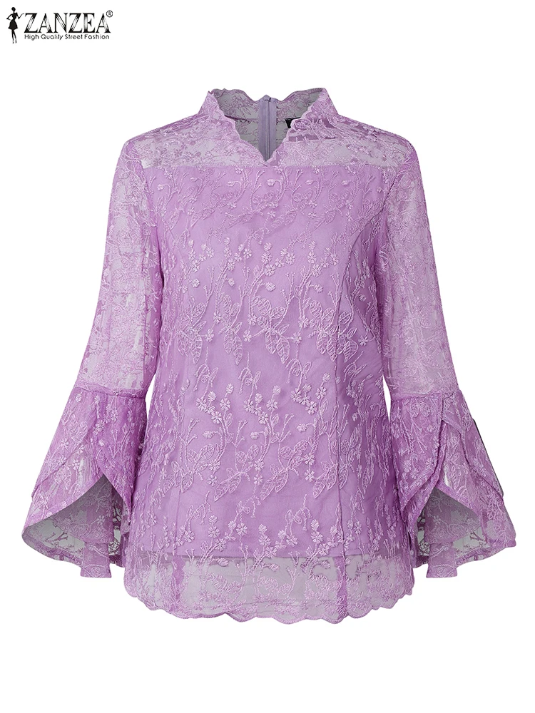 Autumn Blouse Women Hollow Out Lace Blusas Three Quarter Flare Sleeve Tops Stylish Casual Loose V Neck Blusas ZANZEA 2025