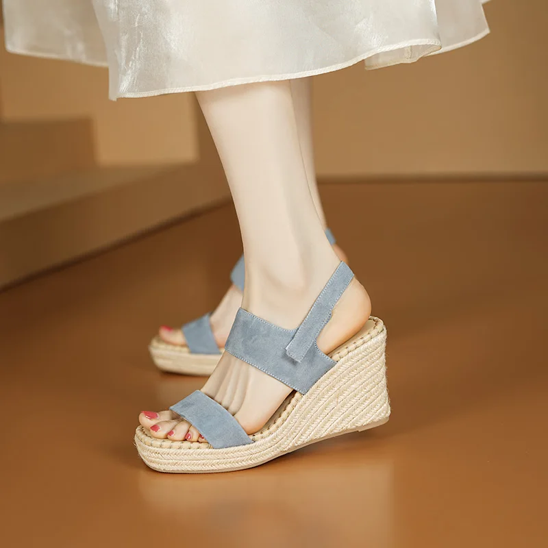 Women’s Wedge Sandals Espadrilles Shoes Woman Elegant Summer Lady Hemp Heel Sheepsuede Sandals Platform Heel Sandals