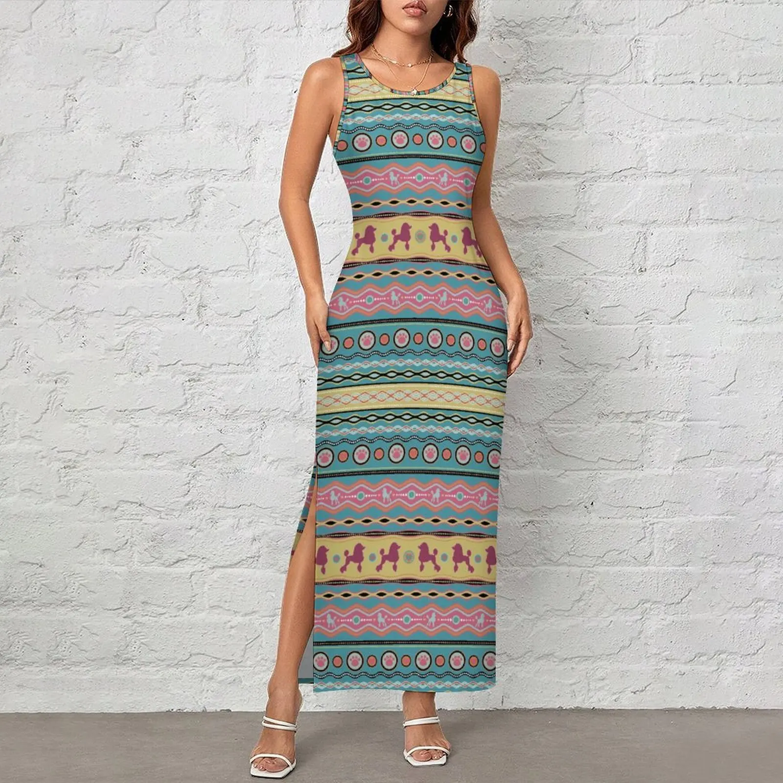 Womens Cute Poodle Dress Fun Colorful Retro Y2K Fashion Bodycon Dress Summer Club Sexy Maxi Dresses Custom Oversized Vestido