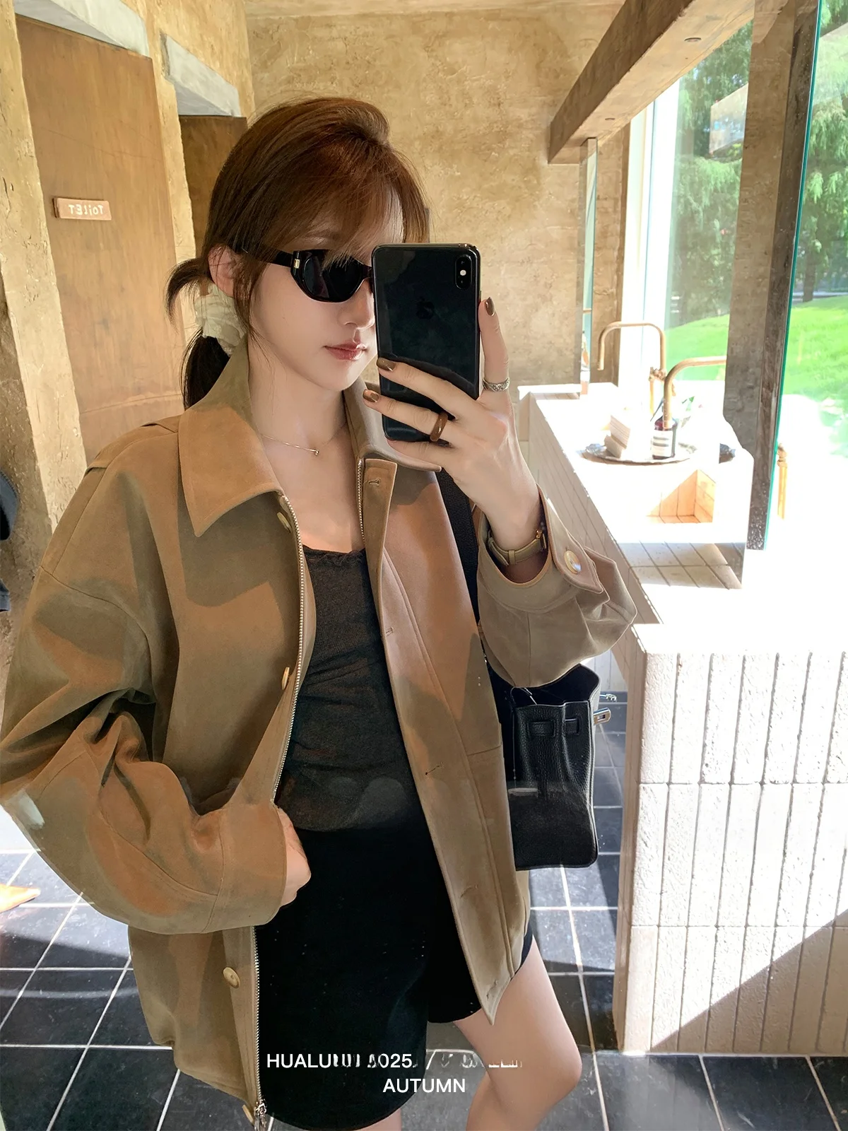 

Hualun Home Vintage Heavy Du Suede Jaet Workwear Outerwear Women's Faion Versatile Spring Autumn ort Coat