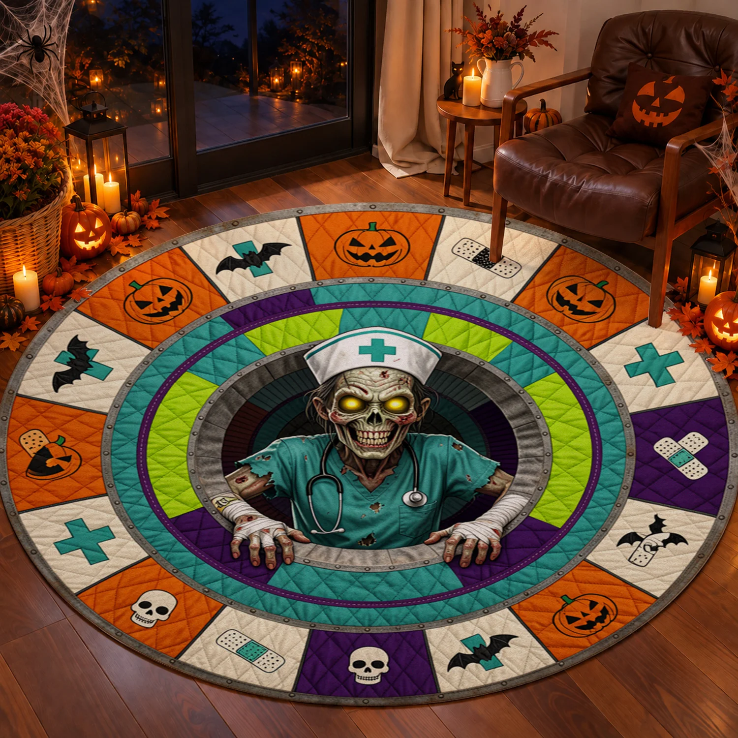 Zombie Nurse Medical Halloween Pattern Round Velvet Rug, Machine Washable, Stays Securely In Place, Ideal For Living Room, Bedroom, Entryway, Perfect For Halloween, Thanksgiving, Christmas, New Year, Black Friday, Cyber Monday Home Decor