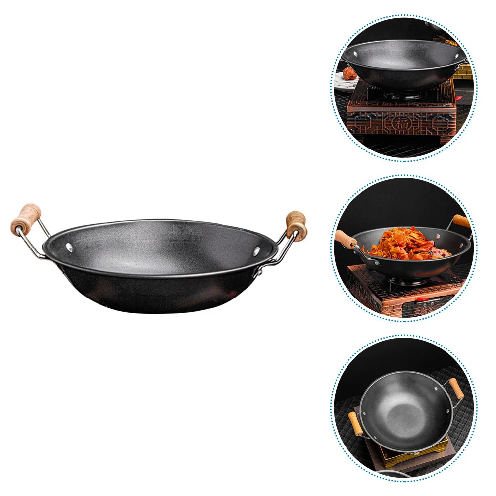 Small Wok Stainless Steel Stockpot Dry Wooden Metal Cooking Household Kitchenware for Stove Work