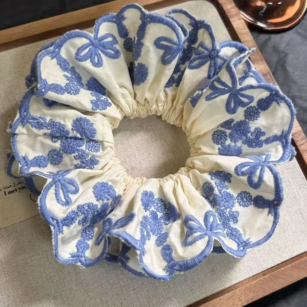 Exquisite Flower Shape Lace Scrunchies Bow Cloth Embroidery Large Hair Scrunchies Blue Hair Tie Exaggerated Hair Rope Girl
