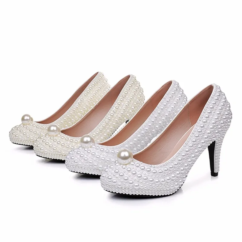 

2025 New 9cm White Pearl High Heels Single Shoes with Thin Heels Round Head Waterproof Platform White Wedding Shoes Bridal Shoes