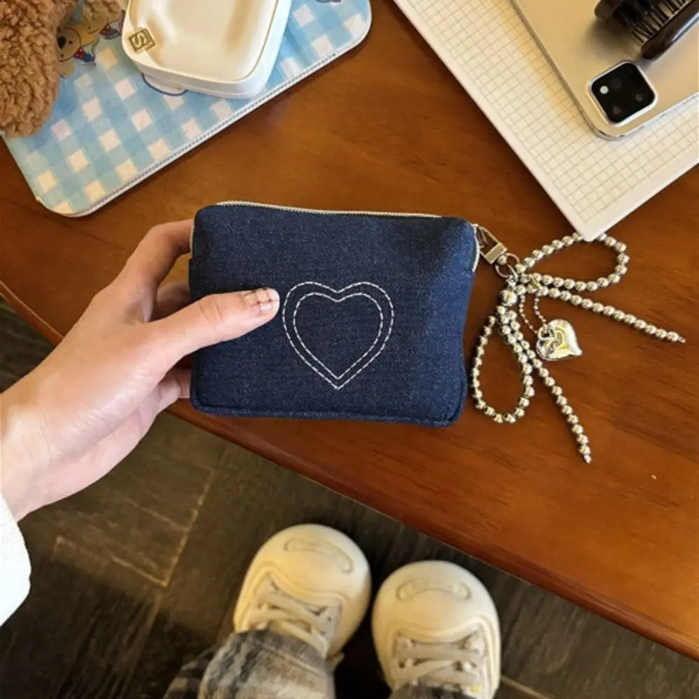 패션 데님 하트 모양 패턴 메이크업 가방, 대용량 화장품 파우치, 휴대용 문구 가방, 여행 세면 용품 가방