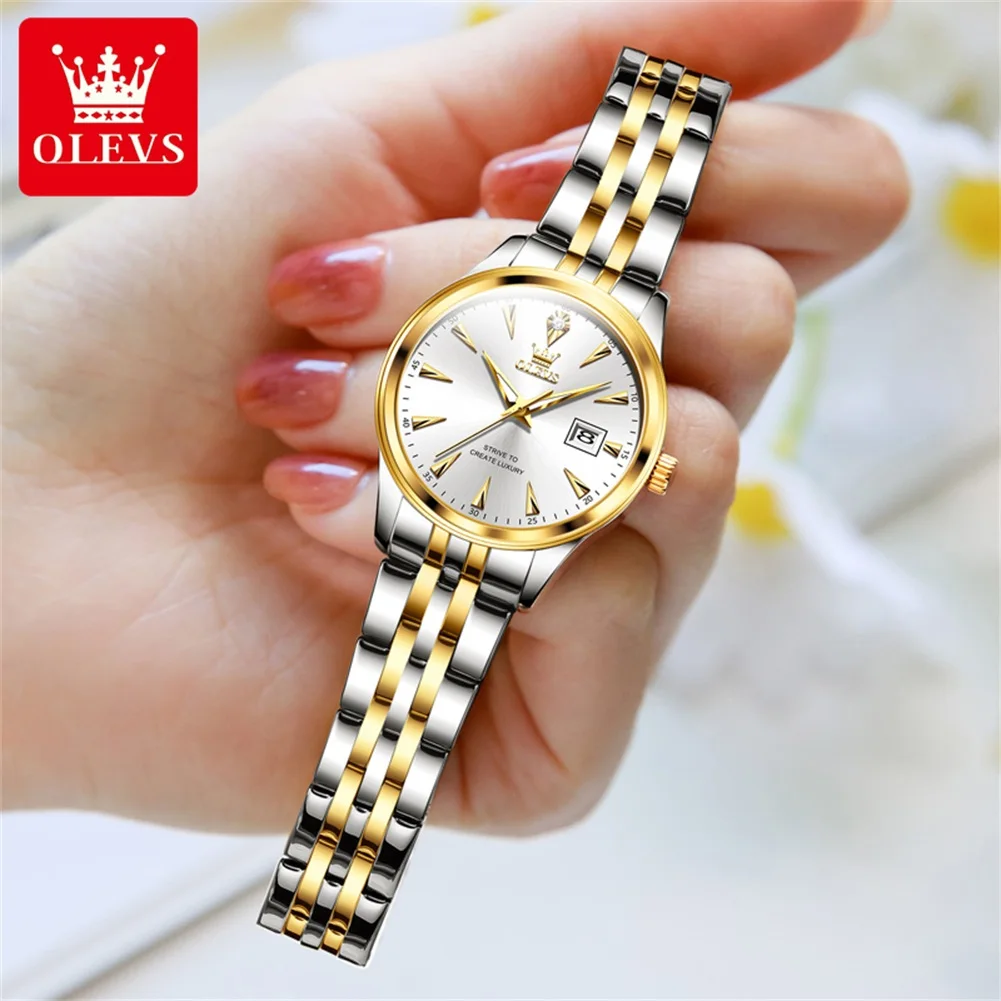 OLEVS Women's Watches Fashion Light Luxury Golden Stainless steel Quartz Watches Waterproof Luminous Date brand Ladies Watches
