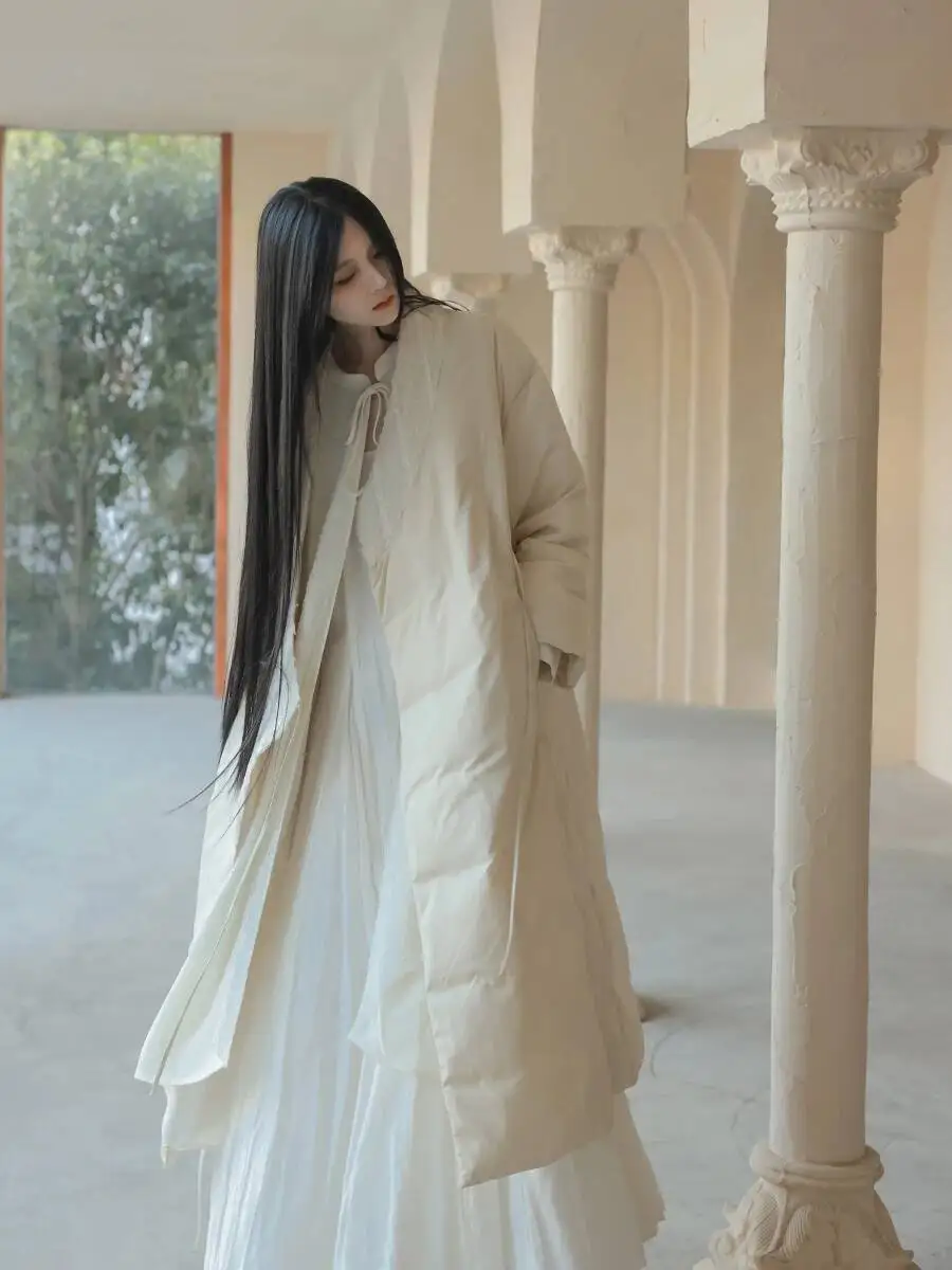 UMI MAO 90 화이트 오리 다운 재킷 중국 스타일 예술적 경사 칼라 가볍고 따뜻한 두꺼운 롱 코트 Femme