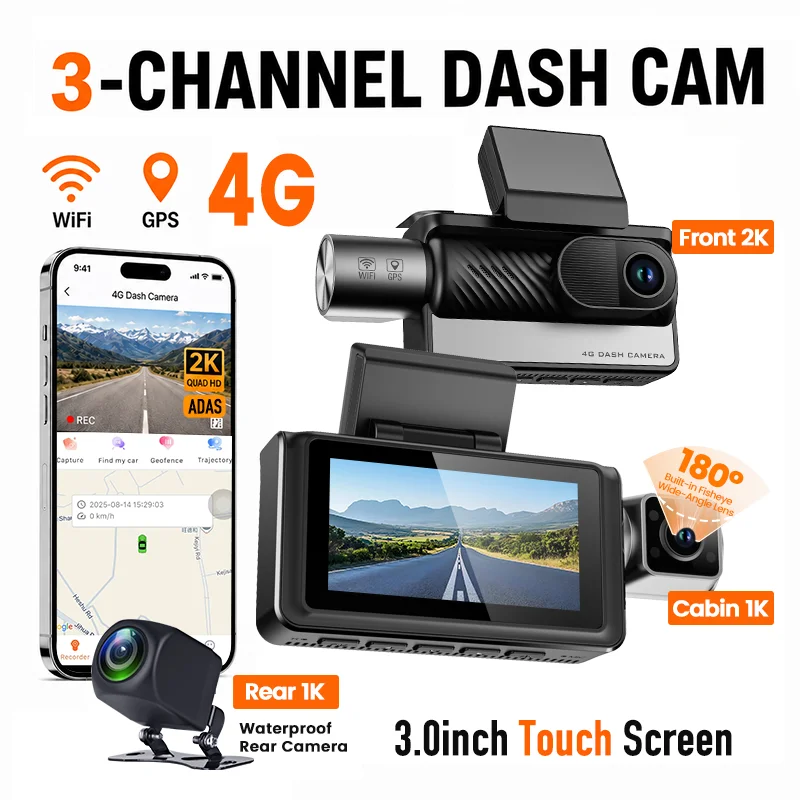 4G LTE Dash Camera Live Streaming Touch Screen 3 Channel Car Cameras Sim Card DashCam GPS WiFi ADAS BSD CloudSpirt Remote View