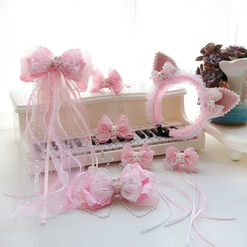 

Anime Hello Kitty Children's Pink Hair Clip Girl Cute Ribbon Bow Hair Card Girl Princess Headwear Blolita Hair Accessories Gift