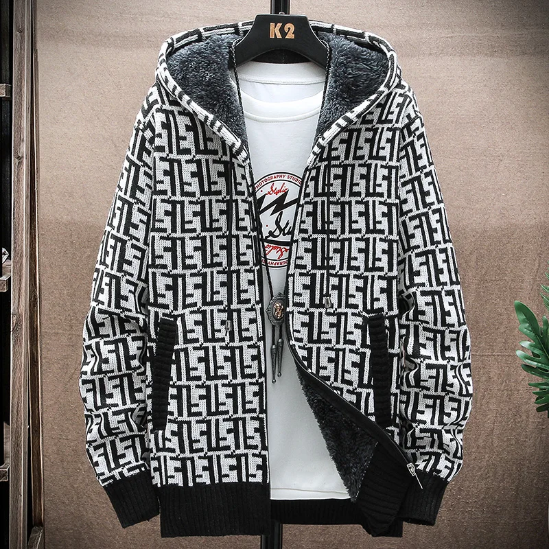 

Mens Plaid Sweater Winter Thick Warm Knitted Jacket Fashion Casual Sweater Breathable Men's Breathable Cardigan Knitting Sweater