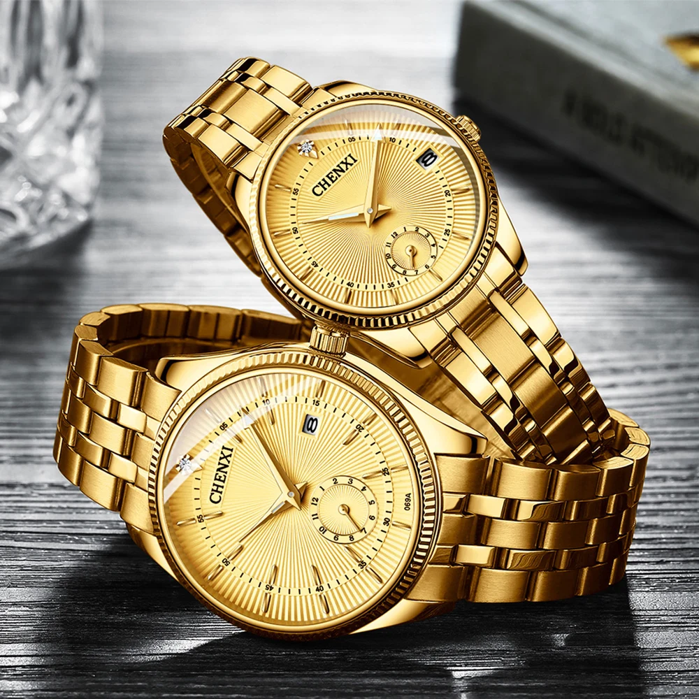 CHENXI 069 Luxury Brand Leisure Couple Watch Gold Stainless Steel Quartz Calendar Watch Men's and Women's Waterproof Watch
