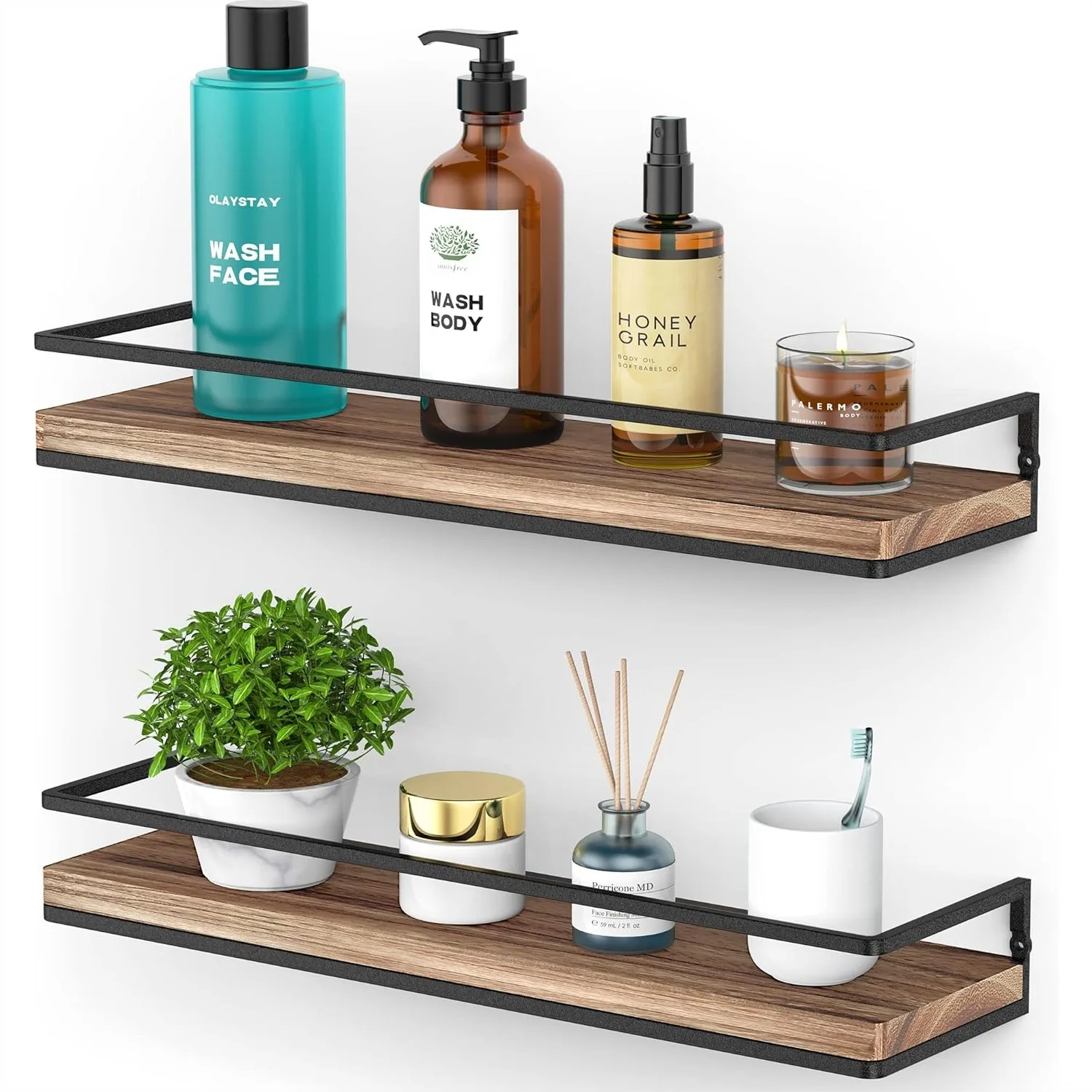 

Rustic Floating Shelves Set of 2, Wall Mounted Storage for Living Room, Bathroom, Kitchen with Torched Wood Finish