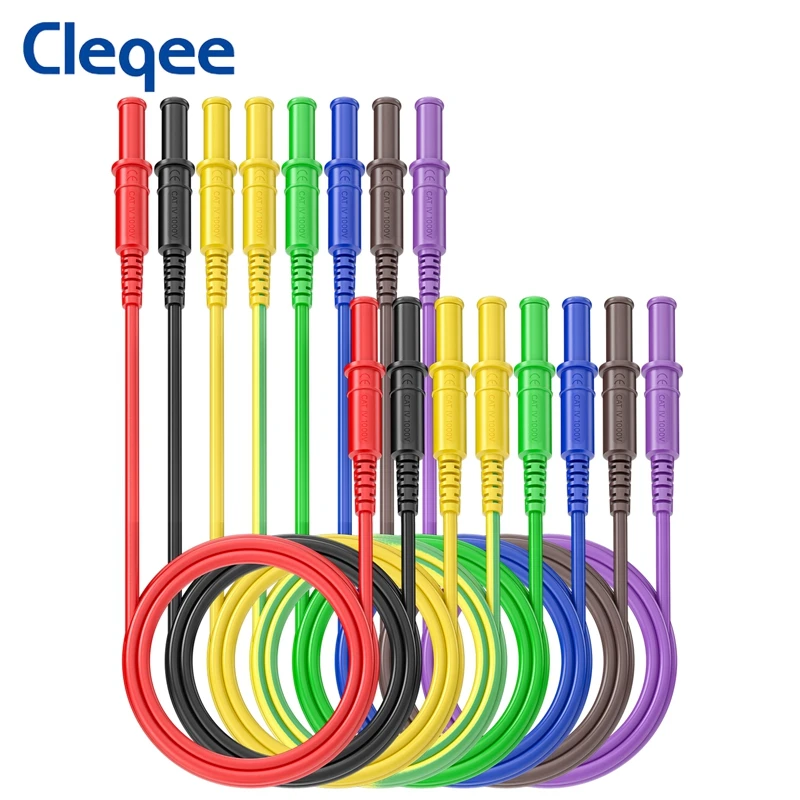 Cleqee 8PCS Dual 4mm Safety Banana Plug Shrouded Test Leads Silicone Cable 1m Wire for Multimeter Electrical Testing 1000V/15A