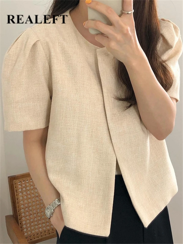 

REALEFT Summer 2022 New Women's Cardigan Jacket Puff Short Sleeve Solid Casual Korean Style Chic Outwear Tops Female