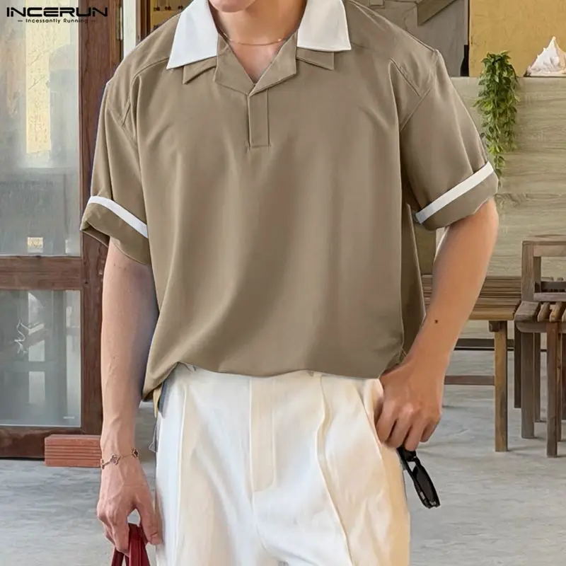 INCERUN Men Shirt Patchwork Lapel Short Sleeve Casual Loose Men Clothes Streetwear Summer 2026 Korean Style Tops For Man Shirts