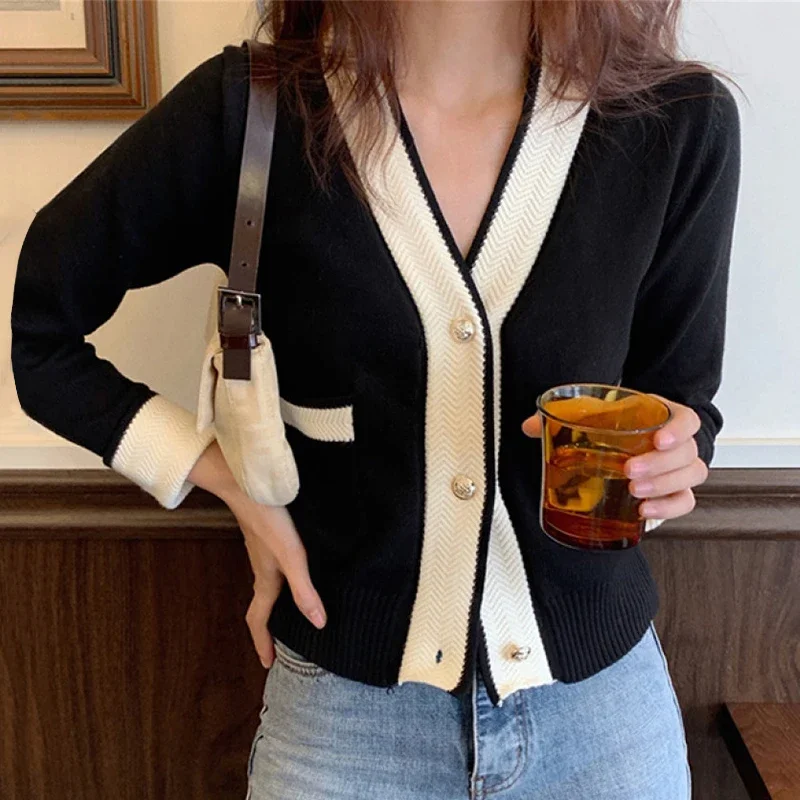 Chic Wool Cardigans Women V Neck Long Sleeve Black Elegant Knitting Tops Korean Fashion Business Sweater Cropped Cardigan Women