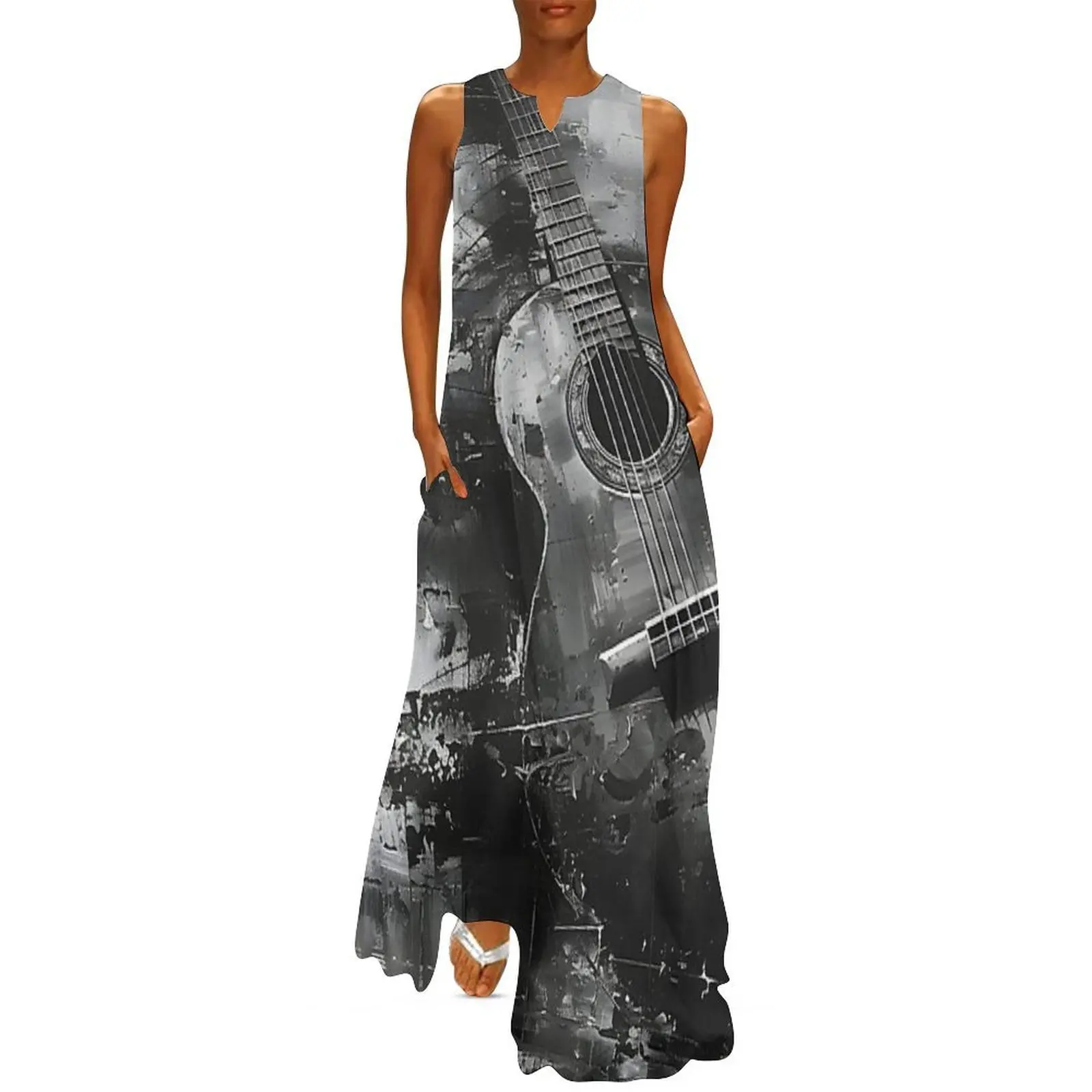 

black and white gray scale acoustic guitar print Long Dress Summer women's clothing elegant dresses for women