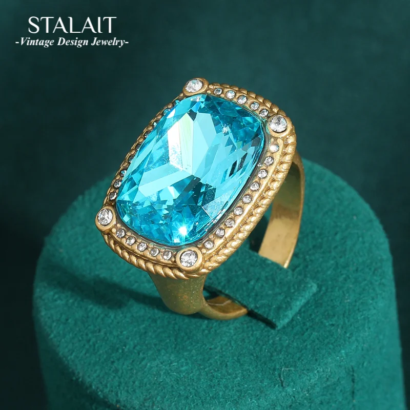 Vintage Sea Blue Rectangular Crystal Ring Gold Color Luxury Design Antique with Rhinestones Copper Jewelry Accessories for Women