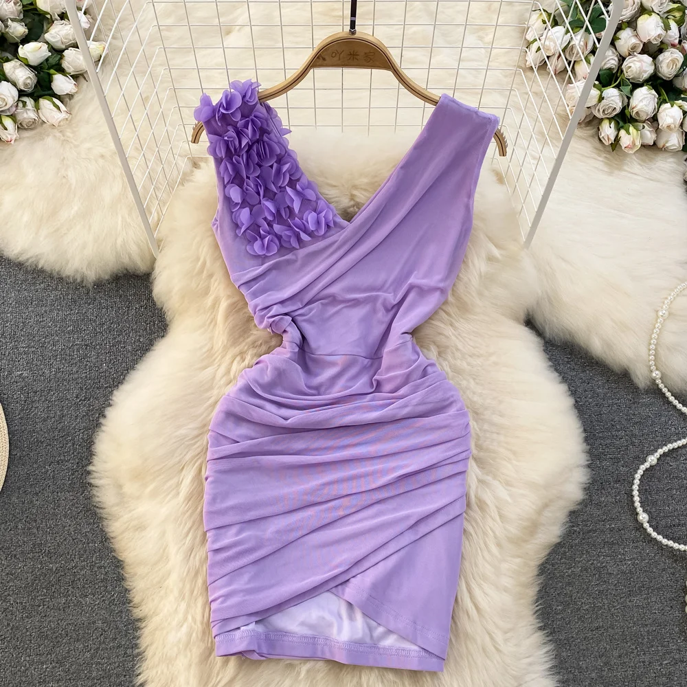 Foamlin Vrouwen Zomer Mesh Bodycon Jurk Effen V-Hals Mouwloze Hoge Taille Ruches Gecross Strakke Pasvorm Nachtclub Mini-Jurk