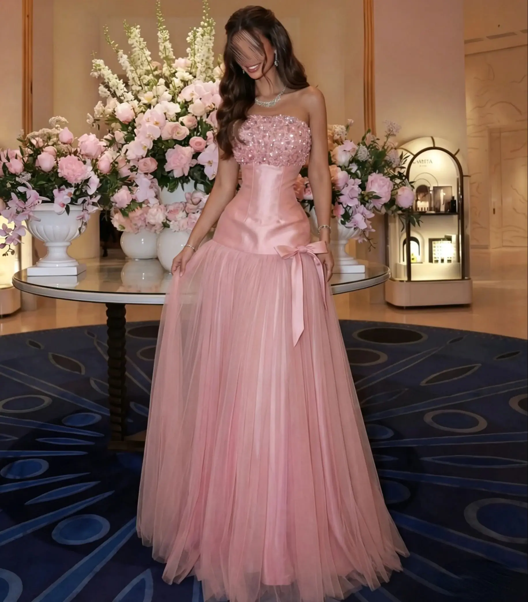 

Romantic Pink A Line Prom Dresses Charming Pearls Sleeveless Evening Gowns Bow Sweep Train Customized Special Occasion Gowns