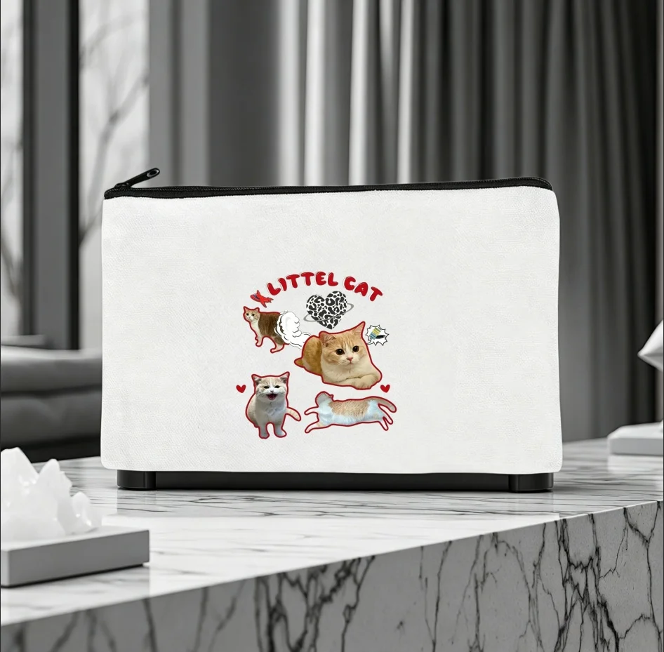 1pcVarious Poses Fluffy Cat Leopard Heart Text Canvas Cosmetic Pouch Lightweight Daily Travel Skincare Storage Zipper Bag