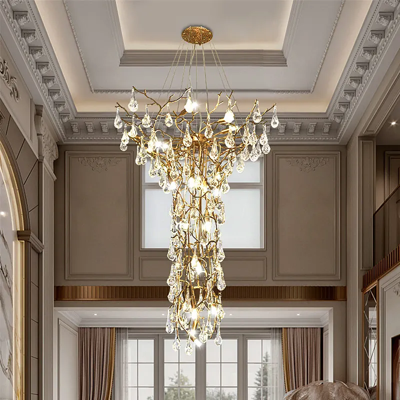 Light Luxury Modern Crystal Duplex Villa Living Room Large Chandelier Artistic Staircase Light Hotel All Copper Customized Light