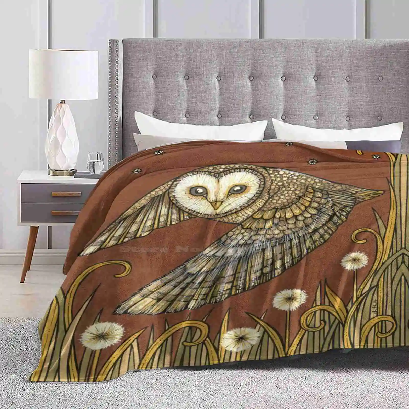 Silent Wings Creative Design Comfortable Warm Flannel Blanket Owl Anita Inverarity Barn Brown Cream Bird Wildlife British Night