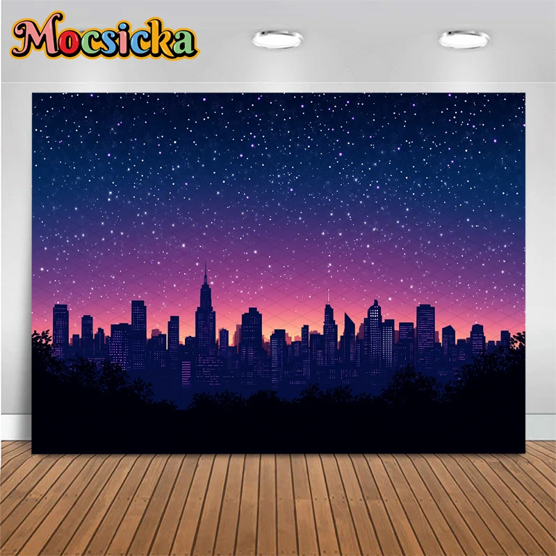 Mocsicka Purple Sky Photography Background Kid Baby Birthday Party Backdrop Night City Skyscrapers Pattern Decor Props Wallpaper