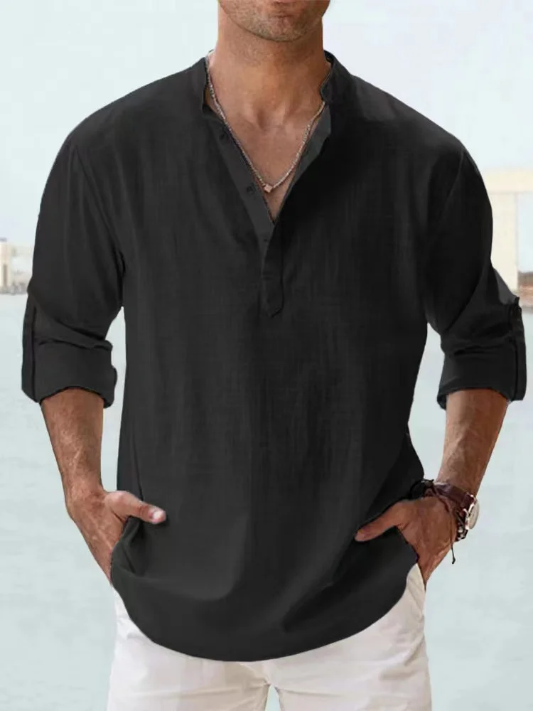 2023 New Men\'s Linen Long Sleeve Breathable Shirt Solid Color Casual Basic Cotton Linen Shirt Tops S-5XL
