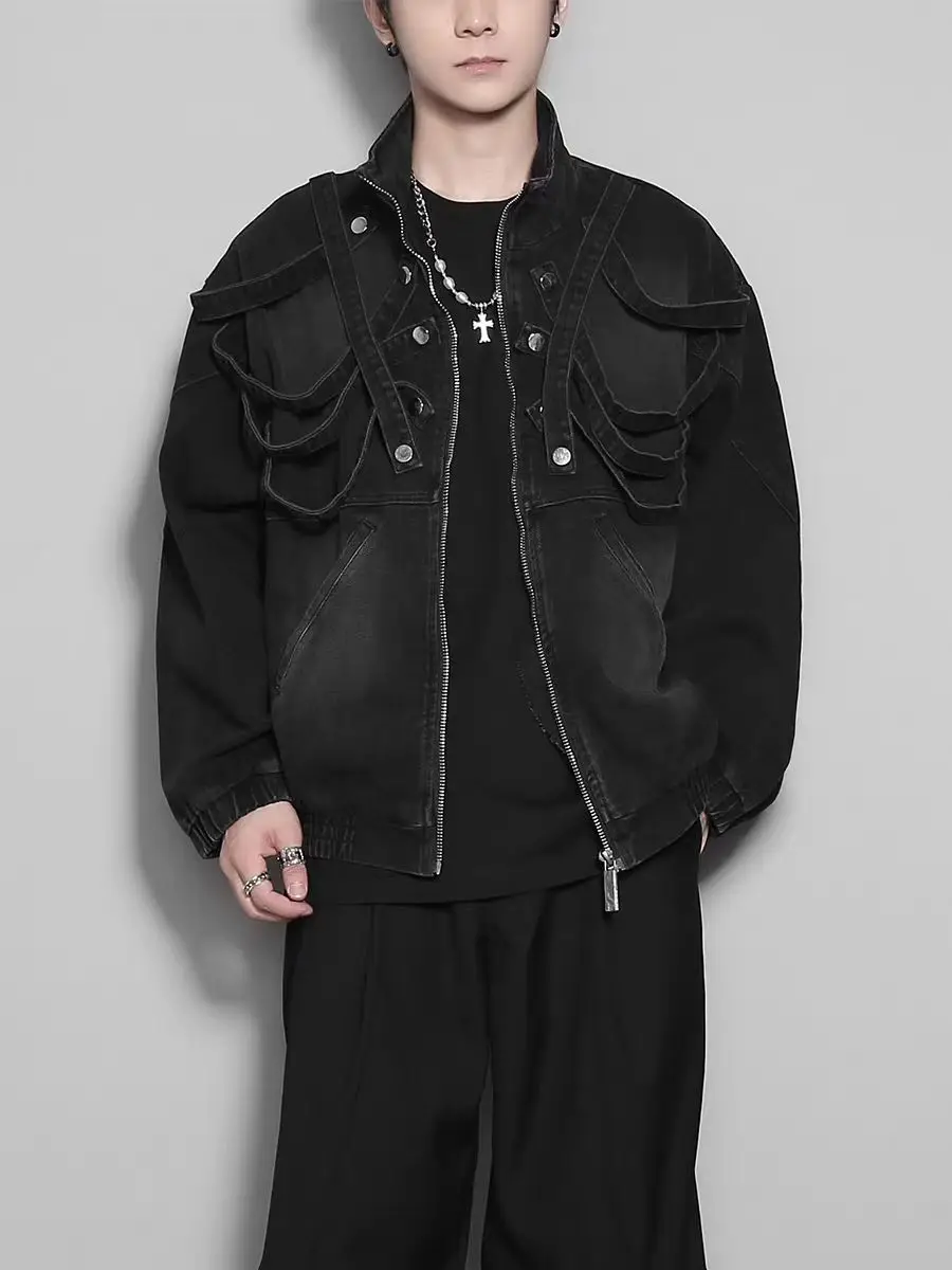 Autumn Dark Retro Washed Shoulder Padded Ripped Denim Jacket Men's Spring and Autumn Workwear Stand Up Collar Jacket