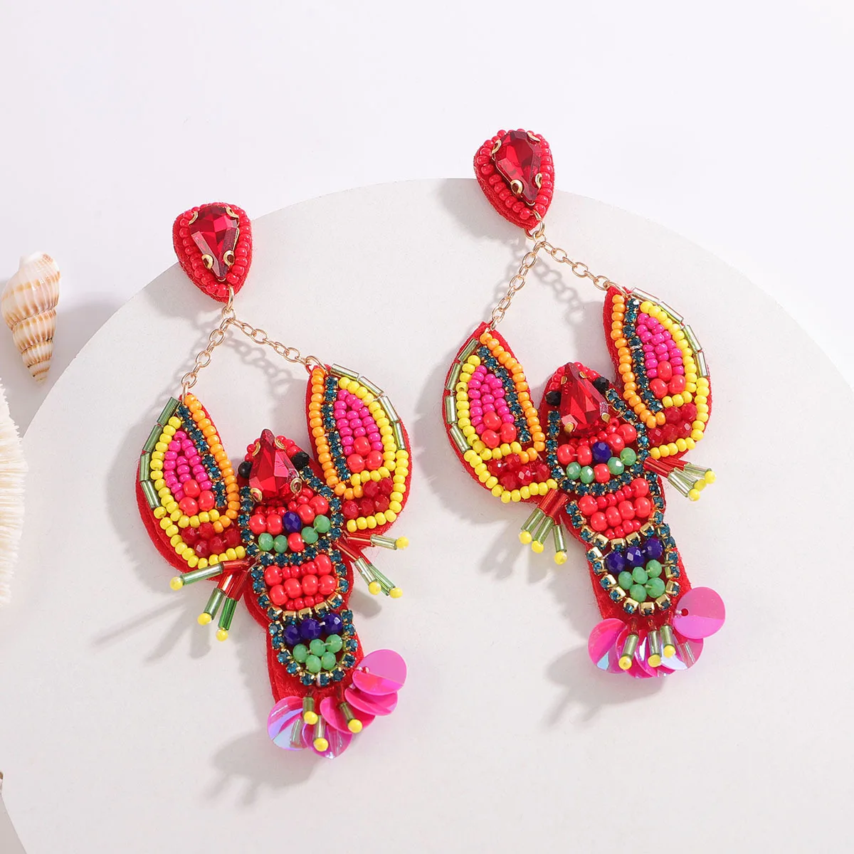 Summer wind personalized crystal lobster earrings handmade fabric rice bead sequins exaggerated high-end earrings