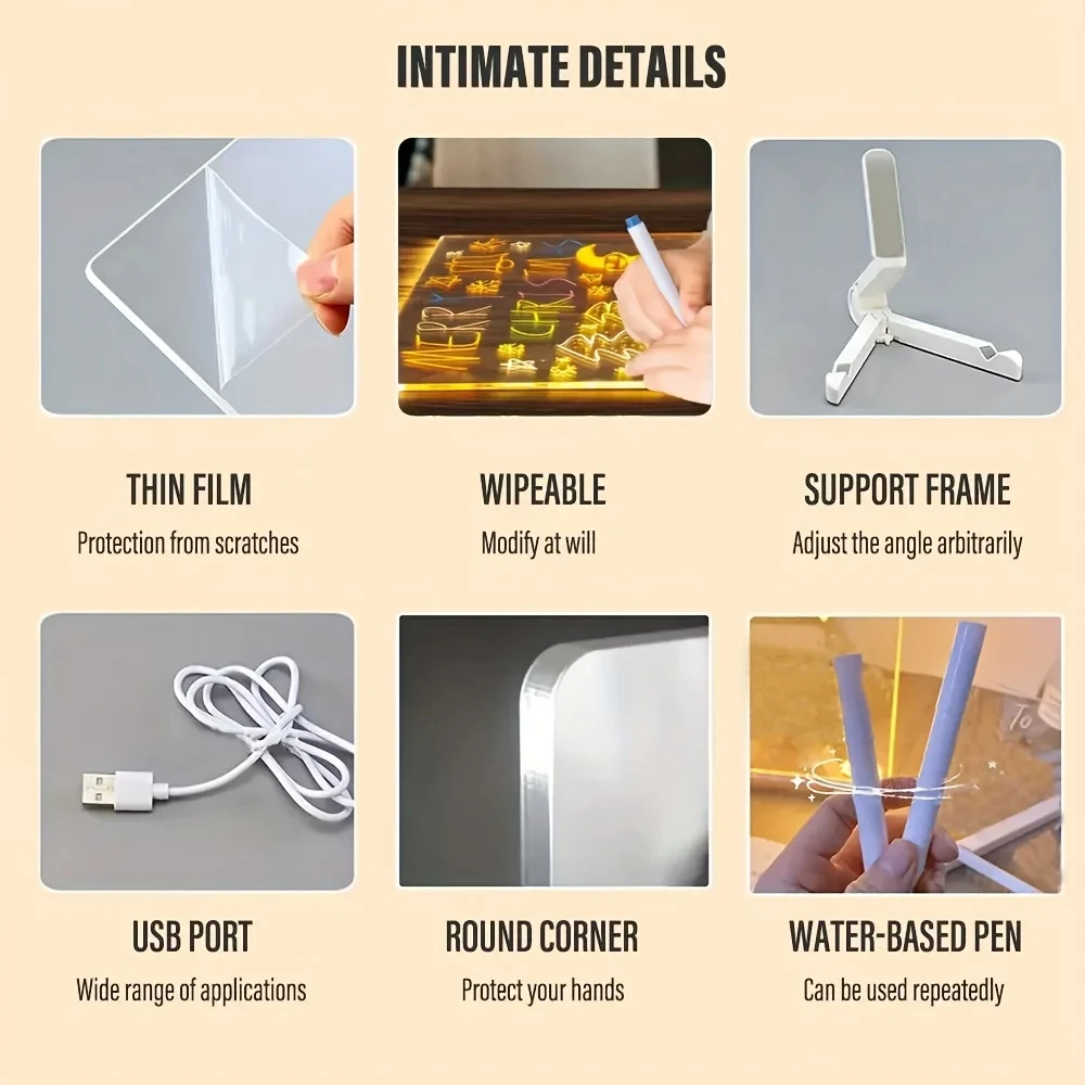 LED Notepad Board Erasable Painted Acrylic Doodle with Light Colorful 7 Pens Diy Drawing Painting Night Light Kids Birthday Gift