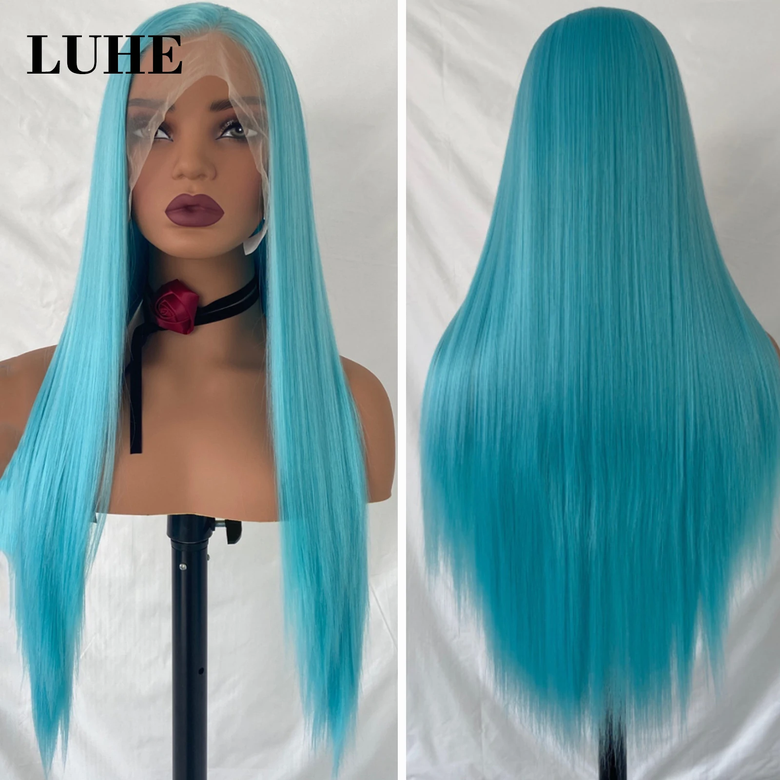 Light Blue 13x3 Synthetic Lace Front Wigs for Black Women Cosplay 26 Inch Long Straight Heat Resistant Hair Lace Frontal Wigs