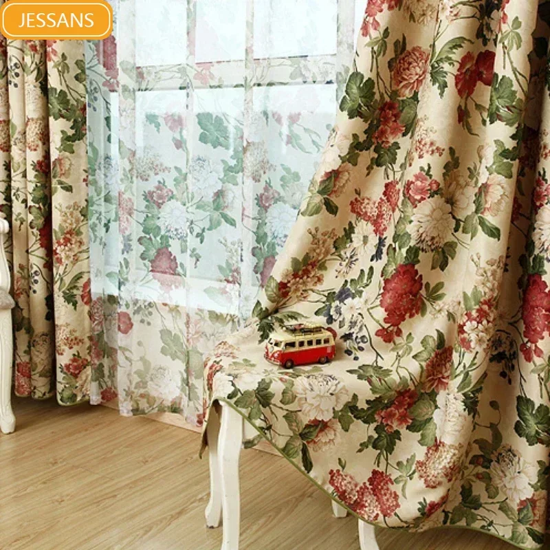 

Beige Peony Flowers Printed Curtains for Living Room Bedroom French Window Finished Partition Curtain Home Decoration