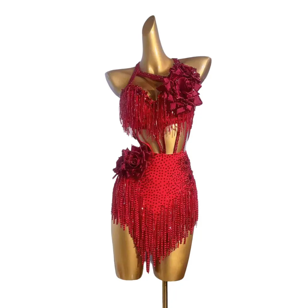 Latin Dance Stage Women's High-end Custom Rose Creative Dress Samba Rhinestone Performance Costume dress