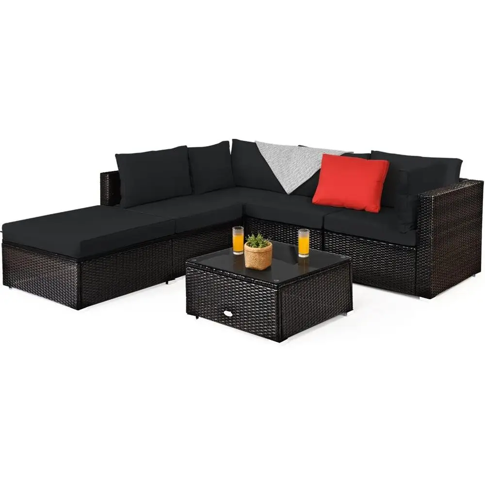 

6-Piece Outdoor Patio Furniture Set, Durable Steel and PE Rattan Wicker Sectional Sofa with Coffee Table (Black)