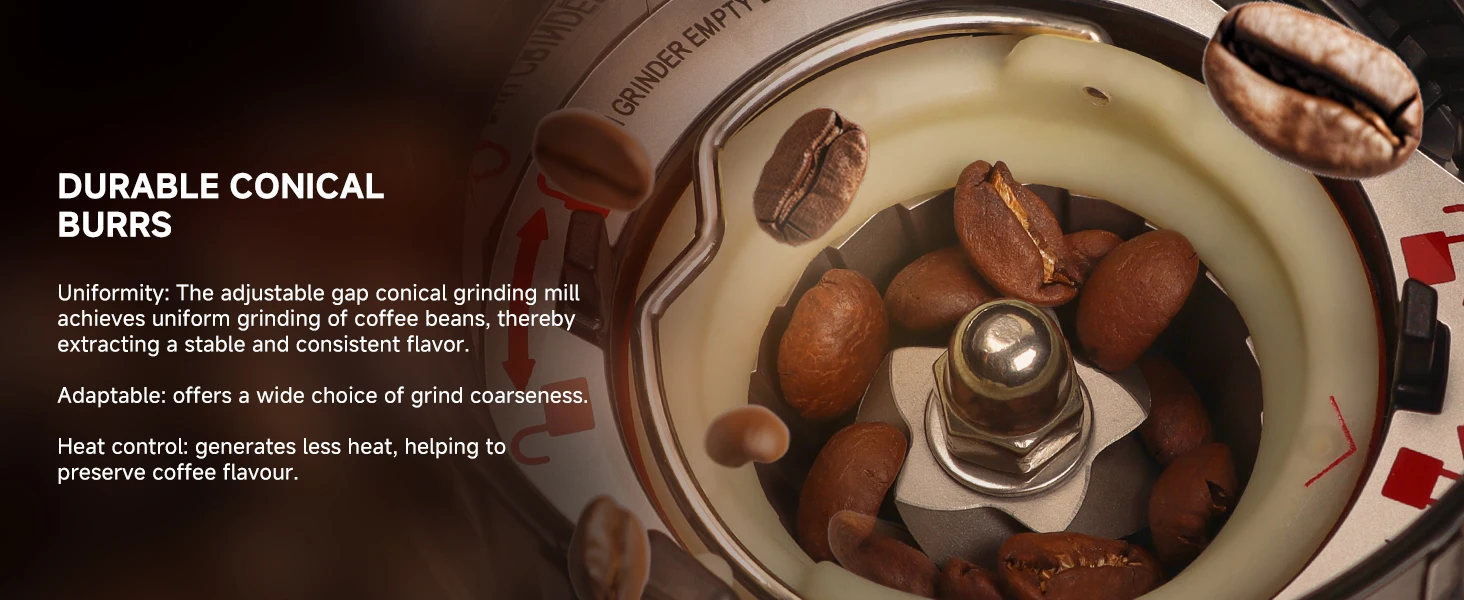 BioloMix Professioneller konischer Gratmühle, 48 einstellbare Einstellungen mit abnehmbarem Halter für Espresso-Tropfen und French-Press – Detail 8