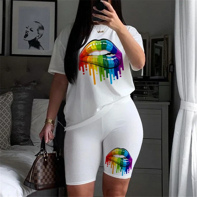 

Women Two Piece Set Lips T Shirts And Shorts Sets Summer Casual Joggers Tracksuit Shorts Sexy Outfit For Woman Clothing