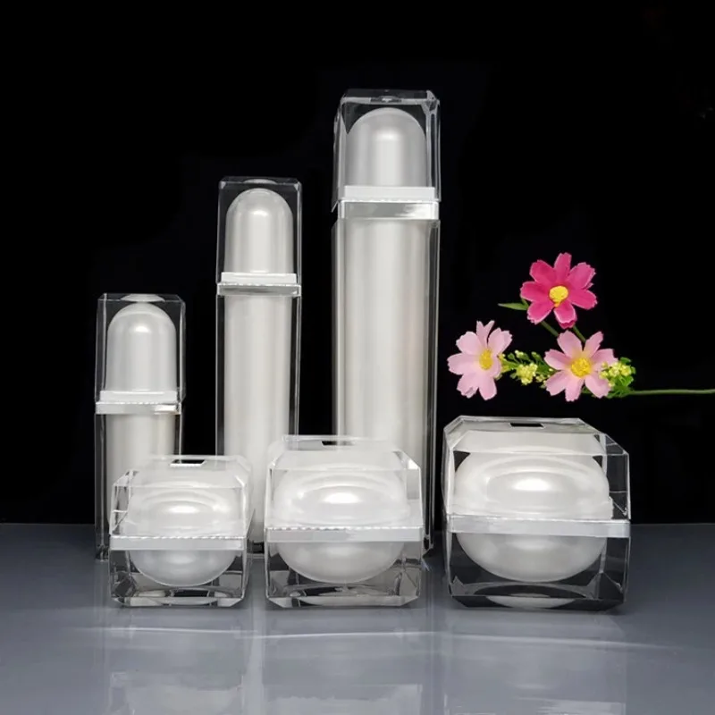 8pcs/lot Square 15/30/50g Acrylic Eye/Face Cream Jar 60/60/120ml White Lotion Emulsion Press Pump Bottle cosmetic container set