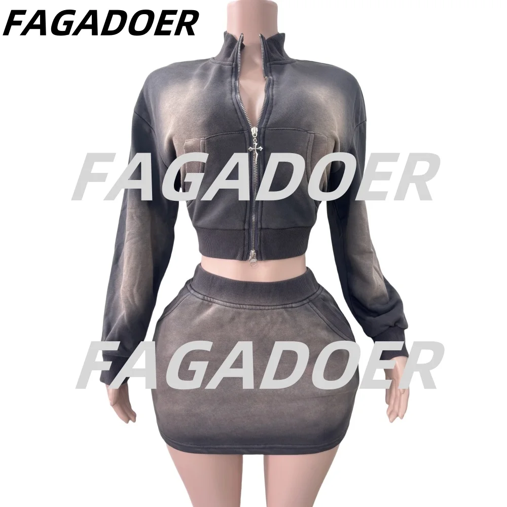 FAGADOER Tie Dye Retro Street 2pcs Sets Women Outfits Fashion Zip Pockets Crop Jacket And Mini Skirts Y2K Streetwear Suits New