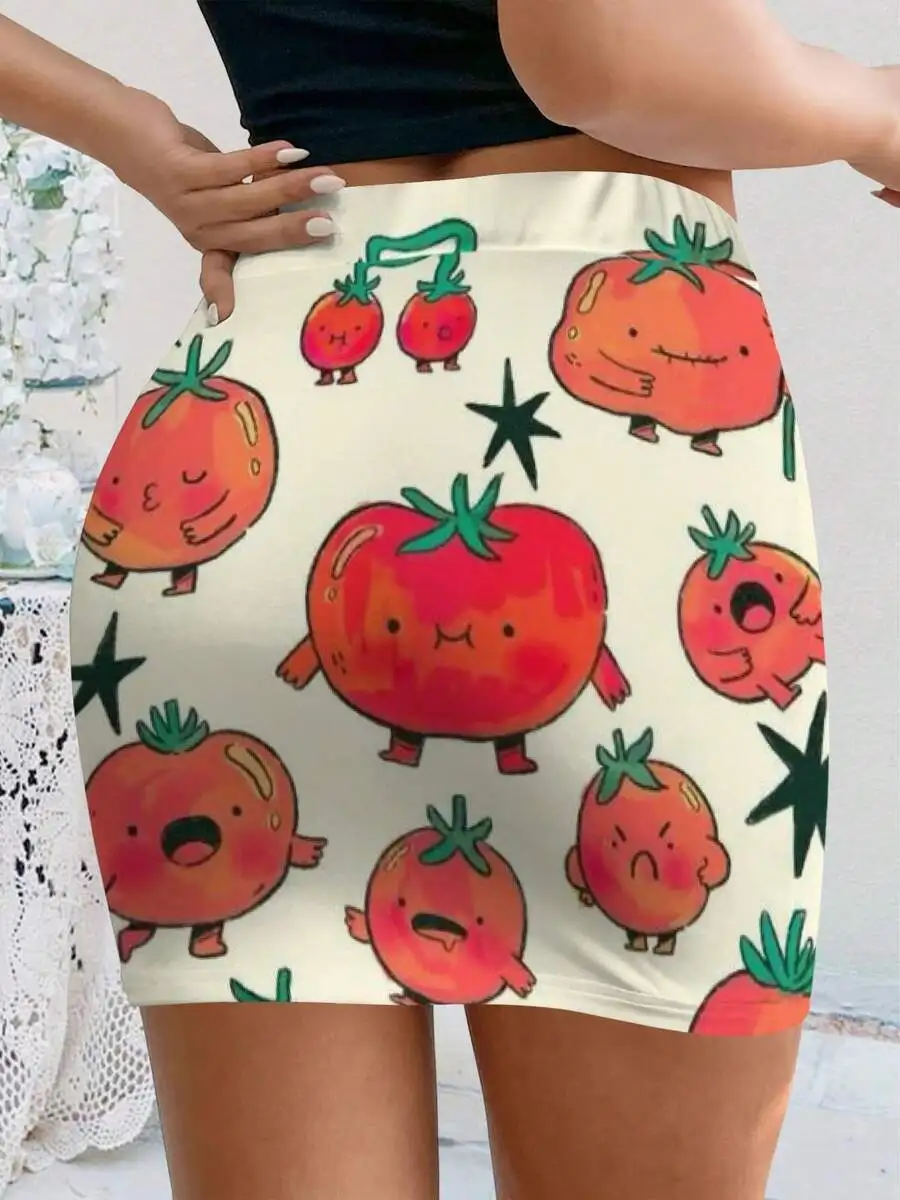 Women Summer Bodycon Mini Skirt Cute Tomato Cartoon Graphic Print Kawaii Style