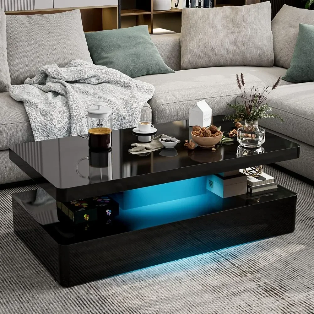 LED High Glossy Coffee Table, Modern Coffee Table for Living Room,2 Tiers Rectangle Design Table with 16 Colors LED Lights Black