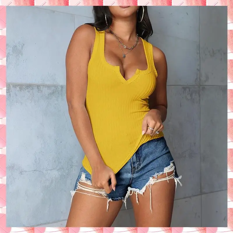 Women's Summer Sleeveless Tops Ribbed Knit Notched V Neck Fitted Tank Shirts
