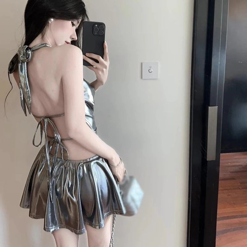 Seksowna damska metaliczna sukienka typu halter z dekoltem w szpic, bez pleców, obcisła damska letnia sukienka mini typu bodycon