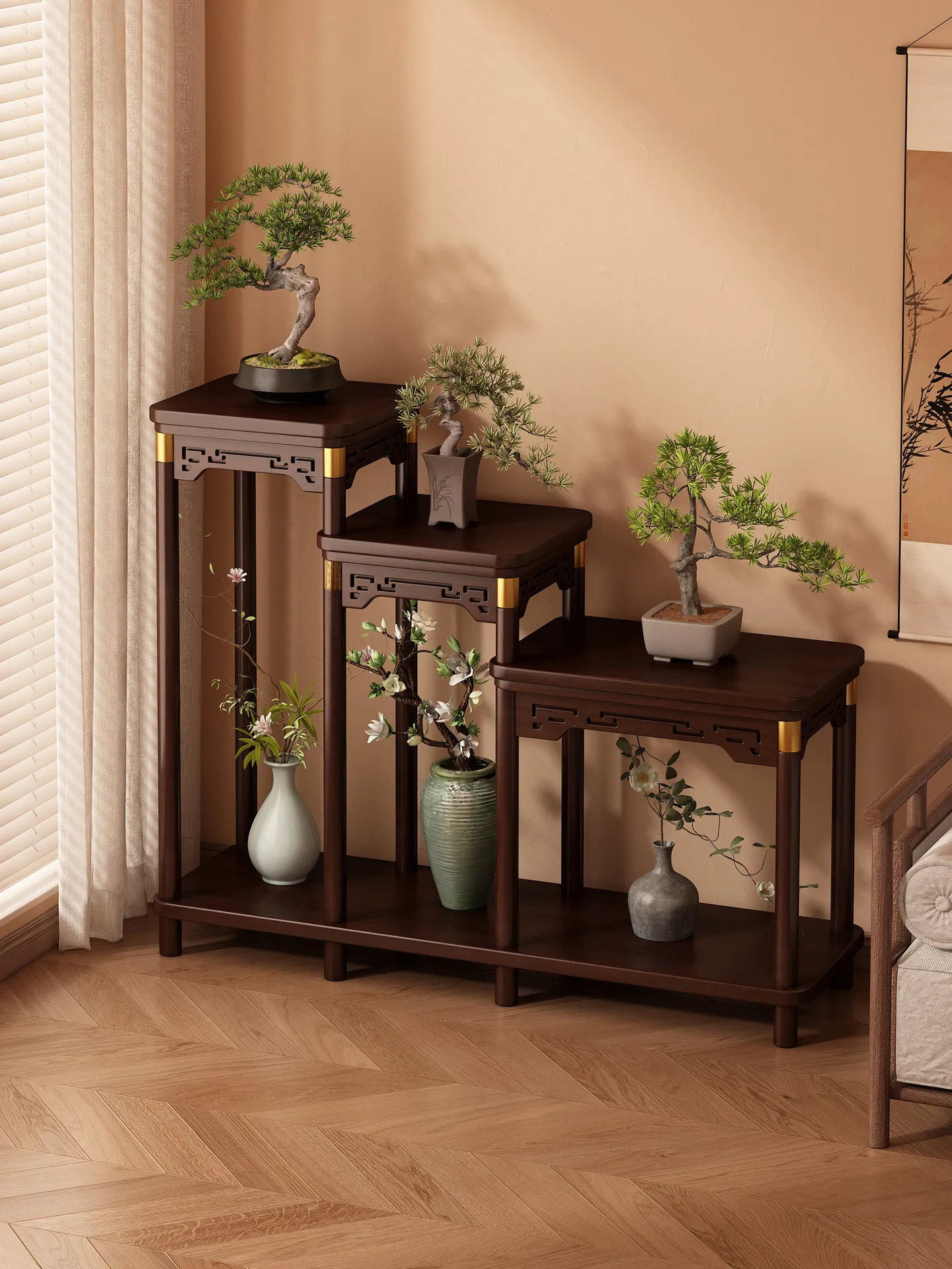 Bogu frame solid wood Chinese storage flower rack living room floor-to-ceiling antique bonsai balcony flower pot bracket rack