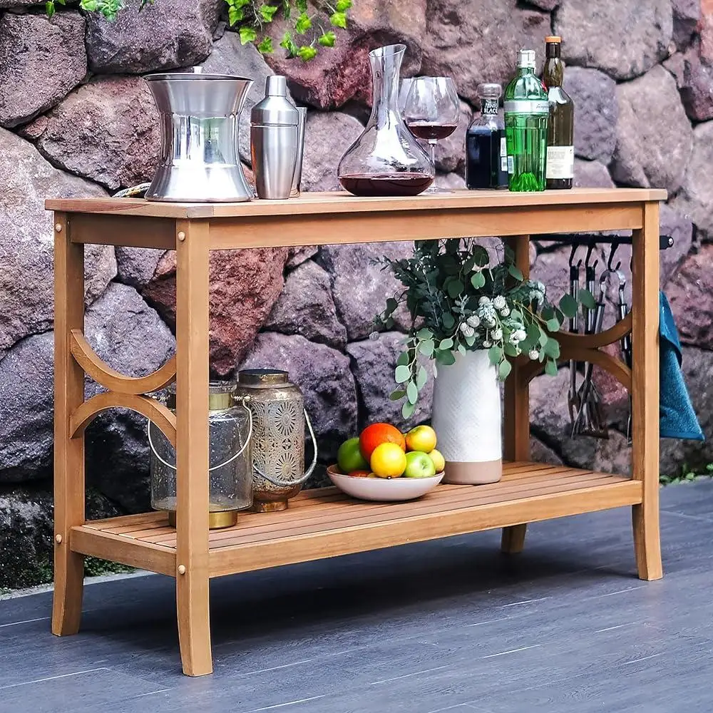 Narrow Teak Outdoor Console Table Weather Resistant Multipurpose Patio Console Buffet Table Garden Storage Organizer Indoor