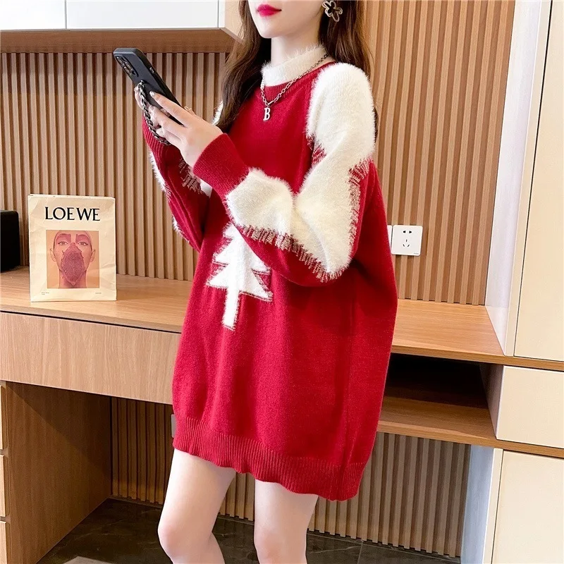 #3812 Black Blue Red Vintage Christmas Tree Split Joint Mohair Knitted Sweater Women Half High Collar Knitwear Pullover Female